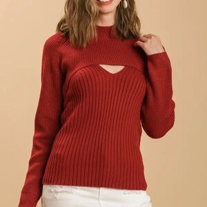 Umgee Red Ribbed Cut-Out Turtleneck Sweater 2 Piece.